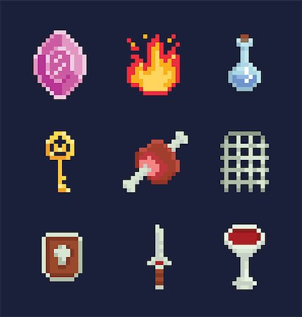 Vector pixel art illustration isons for fantasy adventure game development, gem, fire, potion, key, meat, gate, shield, sword, bowl isolated on dark blue background Stock Photo - Budget Royalty-Free & Subscription, Code: 400-09098137