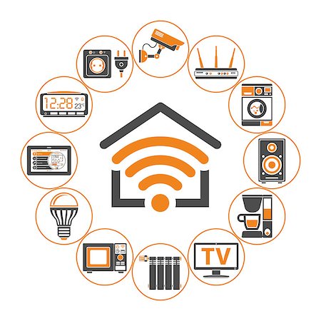 simsearch:400-08818849,k - Smart Home and Internet of Things Concept. Smart House controls devices like microwave, loudspeaker, tv and security camera. Flat style two color icons. Isolated vector illustration Foto de stock - Super Valor sin royalties y Suscripción, Código: 400-09098153