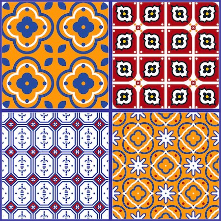 Blue and yellow spanish seamless ceramic tile pattern. Geometric vintage shapes vector texture for ceramic design, textile and wallpaper. Fotografie stock - Microstock e Abbonamento, Codice: 400-09098216