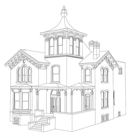 simsearch:400-06424091,k - Old house in Victorian style. Illustration on white background. Species from different sides Stock Photo - Budget Royalty-Free & Subscription, Code: 400-09098335