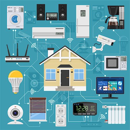 simsearch:400-08818849,k - Smart Home and internet of things concept. Smart House controls devices like security cam, lighting, air conditioning, radiator and music center flat icons. Isolated vector illustration Foto de stock - Super Valor sin royalties y Suscripción, Código: 400-09098358