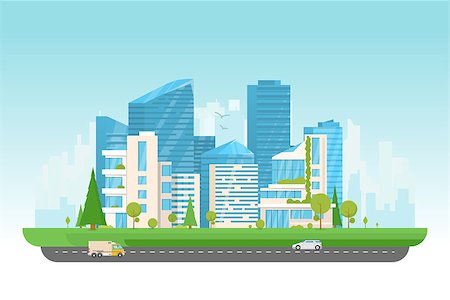 City vector illustration. Small building, big skyscrapers and large smart city tall skyscrapers on background. Urban street with park and trees near cityscape. Metropolis background. Road with cars. Fotografie stock - Microstock e Abbonamento, Codice: 400-09098445