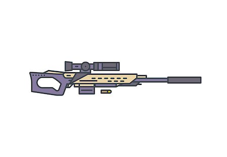 simsearch:400-07921690,k - Sniper rifle vector line illustration. Modern hunting rifle with scope and silencer on white background. Linear modern vector illustration. Stock Photo - Budget Royalty-Free & Subscription, Code: 400-09098448