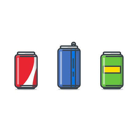 Soda cans. Set of three color soda can with labels. Flat line style vector illustration. Short and long, big aluminium bottle. Beer or other alcohol or energy drink. Stock Photo - Budget Royalty-Free & Subscription, Code: 400-09098449