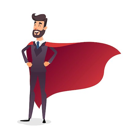 simsearch:400-08111584,k - Cartoon superhero standing with cape waving in the wind. Successful happy hero businessman. Concept of success, leadership and victory in business. Young entrepreneur in a superman s cloak Photographie de stock - Aubaine LD & Abonnement, Code: 400-09098494