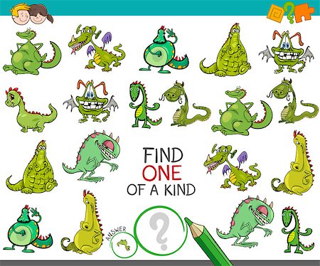 simsearch:400-09091850,k - Cartoon Illustration of Find One of a Kind Picture Educational Activity Game for Children with Dragons Fantasy Animal Characters Stock Photo - Budget Royalty-Free & Subscription, Code: 400-09098522