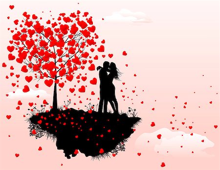 Silhouette of a couple of enamored man and woman. A man and a woman next to a tree with red hearts. A flying island, a tree with hearts, a guy and a girl. Stock Photo - Budget Royalty-Free & Subscription, Code: 400-09098581