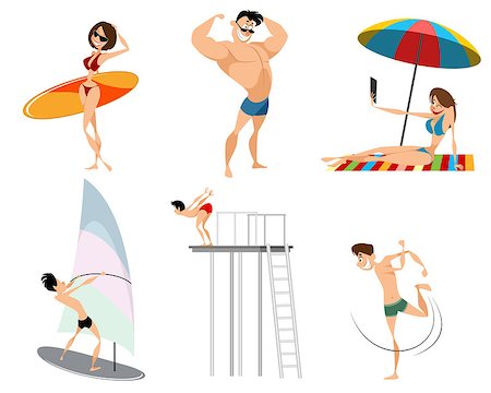 Vector illustration of six beach characters set Stock Photo - Budget Royalty-Free & Subscription, Code: 400-09090169