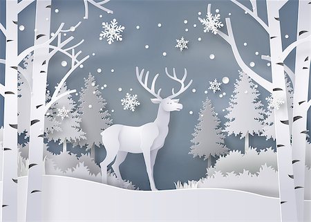 paper cut illustration - Illustration of winter season and Christmas day Deer in forest with snow.vector paper art style. Stock Photo - Budget Royalty-Free & Subscription, Code: 400-09090380