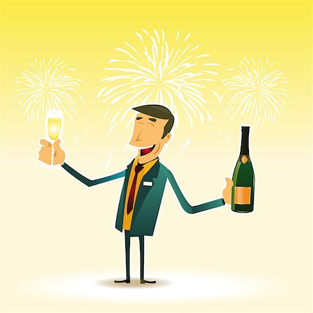 Illustration of a happy man celebrating New Year's Eve with a cup of Champagne Stock Photo - Budget Royalty-Free & Subscription, Code: 400-09090422