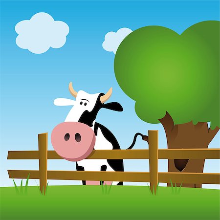 illustration of a dairy cow in a green field, standing behind a fence Foto de stock - Super Valor sin royalties y Suscripción, Código: 400-09090438