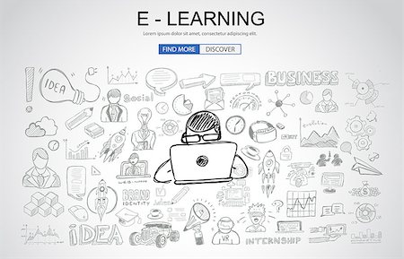 E Learning concept with Business Doodle design style: online formation, AI webinars, neural nets. Modern style illustration for web banners, brochure and flyers. Stock Photo - Budget Royalty-Free & Subscription, Code: 400-09090488