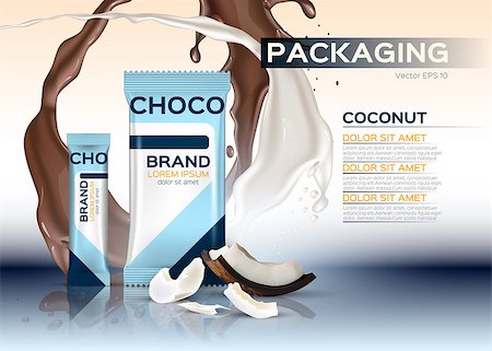 Coconut chocolate packaging Vector realistic. 3d label design product. Chocolate splash background Stock Photo - Budget Royalty-Free & Subscription, Code: 400-09090506