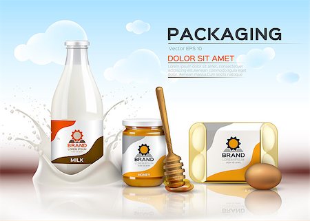 pouring milk and honey - Vector realistic food products Milk and honey bottles, eggs packaging. 3d detailed mock up label design Stock Photo - Budget Royalty-Free & Subscription, Code: 400-09090508