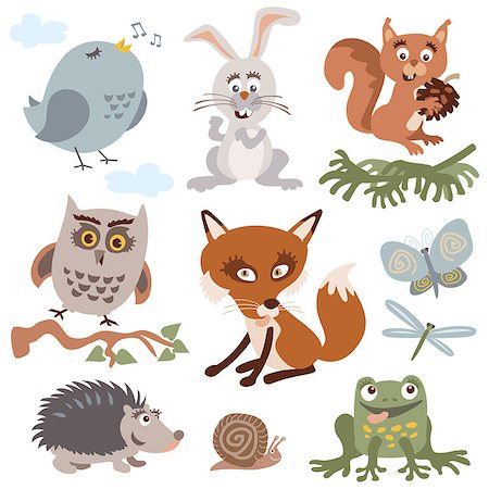 simsearch:400-07302853,k - Set of cute forest animals retro vintage colors vector cartoon Foto de stock - Royalty-Free Super Valor e Assinatura, Número: 400-09090527