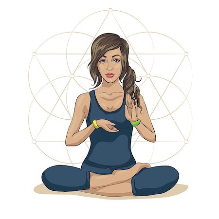 simsearch:400-07615290,k - Woman practicing mindfulness meditation, she is sitting in the lotus position and she is surrounded by health and wellness concepts Stock Photo - Budget Royalty-Free & Subscription, Code: 400-09090748