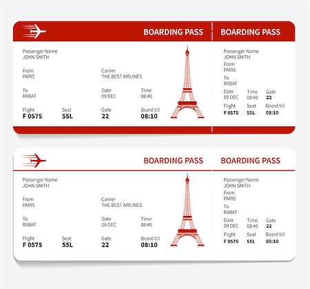 simsearch:400-08157046,k - Red boarding pass with Eiffel tower. Vector illustration. Stock Photo - Budget Royalty-Free & Subscription, Code: 400-09090816