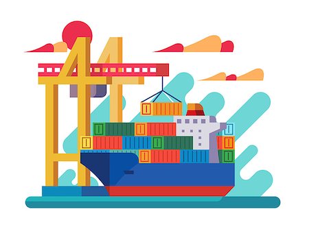 simsearch:400-06093379,k - Loading vessel in port. Crane loads container on ship. Vector illustration Stock Photo - Budget Royalty-Free & Subscription, Code: 400-09090847
