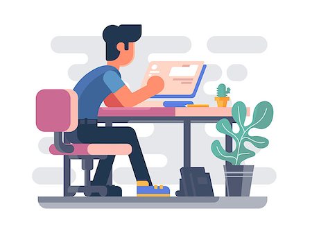 simsearch:400-04124882,k - Guy working at computer. Freelancer makes web project. Vector ilustration Stock Photo - Budget Royalty-Free & Subscription, Code: 400-09090848