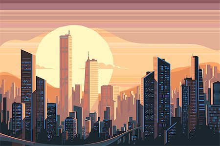 simsearch:400-08045697,k - Sunrise landscape in city with tall skyscrapers. Vector flat illustration Fotografie stock - Microstock e Abbonamento, Codice: 400-09090852