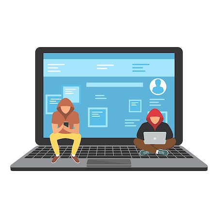 simsearch:400-08729802,k - Flat vector illustration of young hackers sitting on the laptop trying to hack into the security system. Stock Photo - Budget Royalty-Free & Subscription, Code: 400-09090896