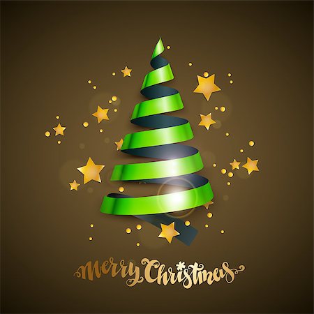 Merry Christmas and new year greeting card with stylized bright ribbon Christmas tree and stars. Vector illustration. Stock Photo - Budget Royalty-Free & Subscription, Code: 400-09090962