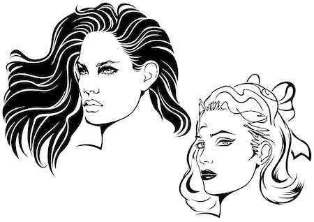 Two Sketches of Female Face - Black and White Illustration, Vector Stock Photo - Budget Royalty-Free & Subscription, Code: 400-09090979