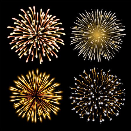 simsearch:400-06736432,k - Set of golden fireworks. Set of festive patterned salute bursting in various shapes against black background. Bright decoration Christmas card,New Year celebration, festival. Vector illustration. Foto de stock - Royalty-Free Super Valor e Assinatura, Número: 400-09090996