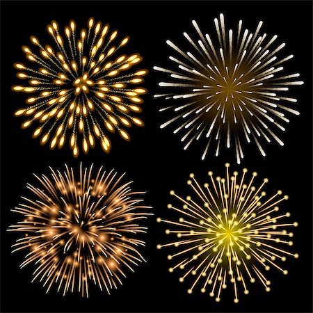 simsearch:400-05263557,k - Set of golden fireworks. Set of festive patterned salute bursting in various shapes against black background. Bright decoration Christmas card,New Year celebration, festival. Vector illustration. Stock Photo - Budget Royalty-Free & Subscription, Code: 400-09090997