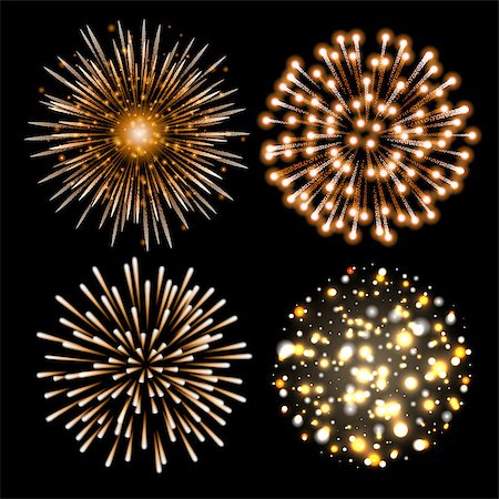 simsearch:400-05263557,k - Set of golden fireworks. Set of festive patterned salute bursting in various shapes against black background. Bright decoration Christmas card,New Year celebration, festival. Vector illustration. Stock Photo - Budget Royalty-Free & Subscription, Code: 400-09090998