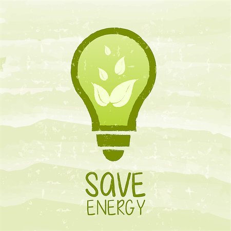 save energy and bulb symbol with leaf - text and sign over green grunge background, eco saving and recycling concept Stock Photo - Budget Royalty-Free & Subscription, Code: 400-09091207
