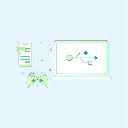 simsearch:400-09172515,k - Digital Devices Connecting Concept illustration in flat design style. Phone and gamepad connected to laptop Stock Photo - Budget Royalty-Free & Subscription, Code: 400-09091311