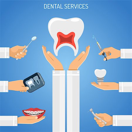 Dental Services Concept with flat icons hands doctor dentist hold braces, dental drill, x-ray, syringe, implant and tooth. vector illustration Stock Photo - Budget Royalty-Free & Subscription, Code: 400-09091406