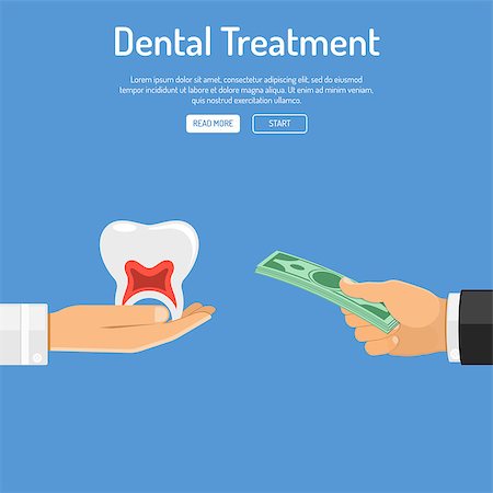 Dental treatment and payment for dental services concept. Doctor hand holds healthy tooth, and patient hand holds bundle money. isolated vector illustration Stock Photo - Budget Royalty-Free & Subscription, Code: 400-09091407