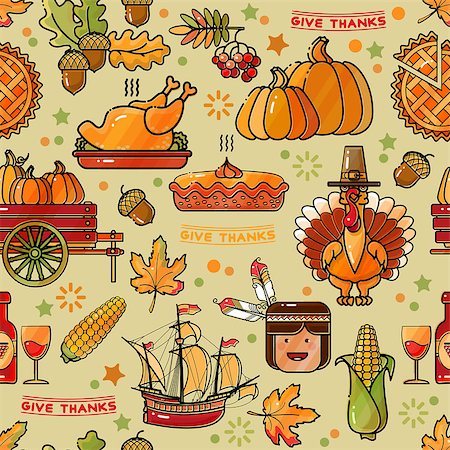 pumpkin leaf pattern - Thanksgiving Holiday Texture. Seamless Pattern. Thanksgiving symbols. Vector Background Stock Photo - Budget Royalty-Free & Subscription, Code: 400-09091416