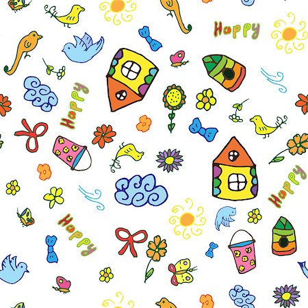 Seamless vector pattern with cute childish hand drawn house, sun, cloud, flowers, birds. Colorful endless doodle background with line drawing sketch elements Stock Photo - Budget Royalty-Free & Subscription, Code: 400-09091430
