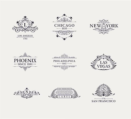 Calligraphic Luxury line logo set. Flourishes black frame. Emblem monogram. Royal vintage design. Black symbol decor for menu card, invitation label, Restaurant, Cafe, Hotel. Vector line illustration Stock Photo - Budget Royalty-Free & Subscription, Code: 400-09091483