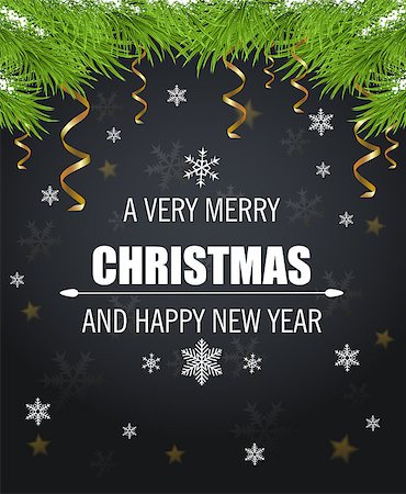 simsearch:400-08813741,k - Vector Christmas card with snowflakes, green fir branch and greeting inscription on a black background. Photographie de stock - Aubaine LD & Abonnement, Code: 400-09091508