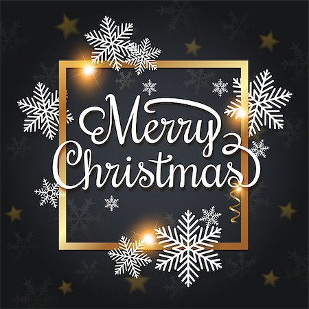 simsearch:400-08807089,k - Vector Christmas greeting card. White snowflakes and golden frame on a black background. Merry Christmas lettering Stockbilder - Microstock & Abonnement, Bildnummer: 400-09091509