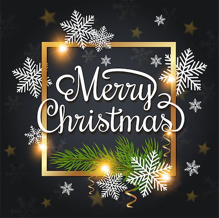 simsearch:400-08813741,k - Vector Christmas greeting card. White snowflakes and green fir branch in a golden frame on a black background. Merry Christmas lettering Photographie de stock - Aubaine LD & Abonnement, Code: 400-09091510