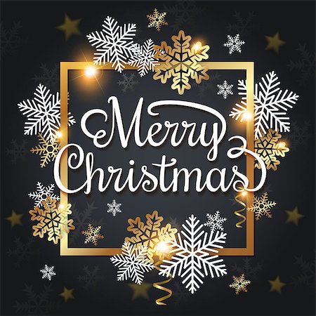 Vector Christmas greeting card. White and golden snowflakes in a golden frame on a black background. Merry Christmas lettering Stock Photo - Budget Royalty-Free & Subscription, Code: 400-09091511