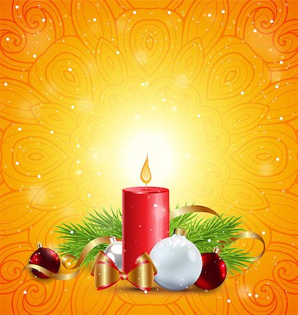 Christmas greeting card with red candle, green fir branch and white decorations on an orange background. Stock Photo - Budget Royalty-Free & Subscription, Code: 400-09091513