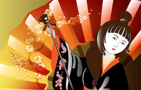 simsearch:400-05383537,k - Portrait of a woman in a kimono against the backdrop sacura. EPS10 vector illustration. Stock Photo - Budget Royalty-Free & Subscription, Code: 400-09091533
