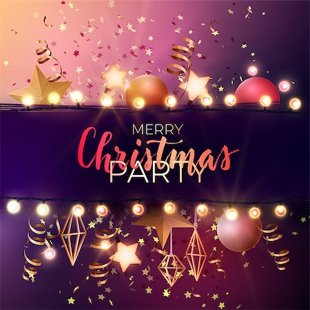 simsearch:400-09095404,k - Festive Christmas and New Year vector design with gold confetti, xmas ornaments, glowing stars and light garlands. Fotografie stock - Microstock e Abbonamento, Codice: 400-09091573