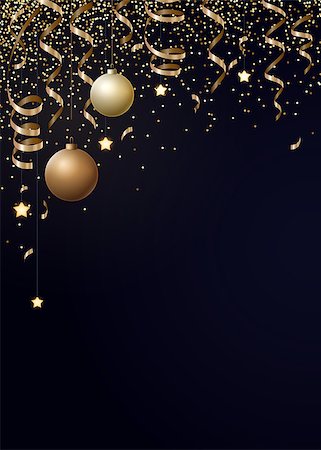 simsearch:400-09089937,k - Vector Christmas background with gold serpentines, glitter, confetty and cristmas balls on a dark background. Stock Photo - Budget Royalty-Free & Subscription, Code: 400-09091581