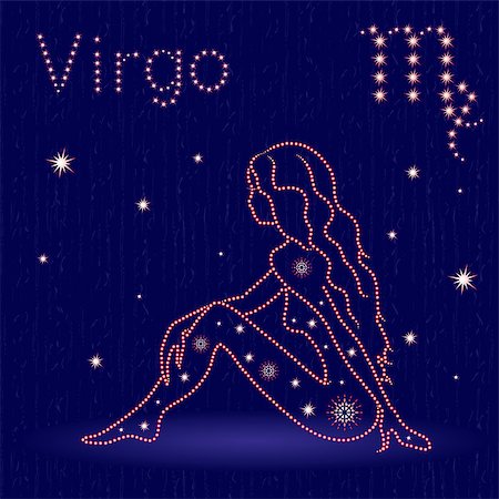 Zodiac sign Virgo on the starry sky, hand drawn vector illustration with stylized stars over blue background Stock Photo - Budget Royalty-Free & Subscription, Code: 400-09091630