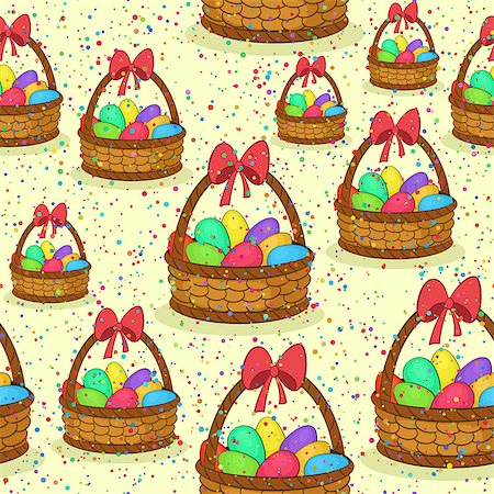 simsearch:400-05194830,k - Seamless Pattern, Basket with Colorful Painted Chicken Eggs and Red Bow on the Handle. Easter Holiday Tile Background. Vector Stockbilder - Microstock & Abonnement, Bildnummer: 400-09091664