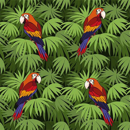 simsearch:400-03936936,k - Seamless Pattern, Tropical Landscape, Colorful Parrots on Green Leaves Exotic Plants, Tile Background. Vector Fotografie stock - Microstock e Abbonamento, Codice: 400-09091662