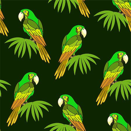 simsearch:400-03936936,k - Seamless Pattern, Tropical Landscape, Colorful Parrots on Green Leaves Exotic Plants, Tile Background. Vector Fotografie stock - Microstock e Abbonamento, Codice: 400-09091663