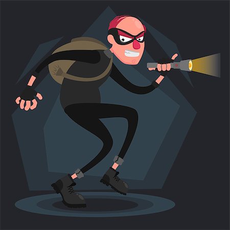 robber cartoon black - Tricky thief with a backpack sneaks with a flashlight Stock Photo - Budget Royalty-Free & Subscription, Code: 400-09091674